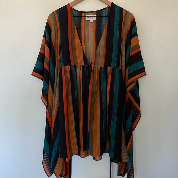 L'Atiste | Multicolor Stripe Plunge V-Neck Flutter Bell Sleeve Mini Dress Small - Picture 4 of 11